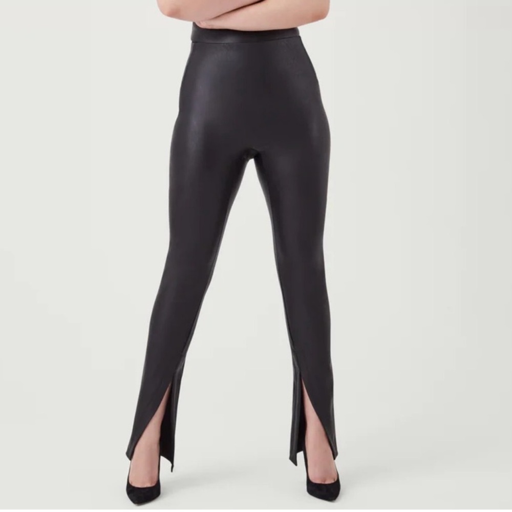 SPANX Black Faux-Leather Leggings with Front Slits